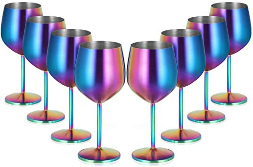 Lifecapido Vinglas i rostfritt stål, set med 8, 510 ml färgglada vinbägare i rostfritt stål, vinglas med glasborste för fest, kontor, bröllopsdag, bra för rött vitt vin