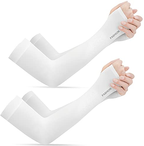 skytowards 2 Paar Armlinge Sonnenschutz Armsleeve Ärmlinge mit Daumenloch UV Ärmel Armwärmer Kühlung Sonnenschutz Armband Armstulpen Weiß Armschutz Volleyball Armschoner Arm Covers für Fußball
