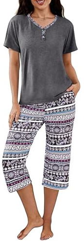 Uniexcosm Pigiama Donna Cotone Estivo Pigiama da Donna Girocollo Set da Donna con Pantaloni Corti Stampati a 3/4