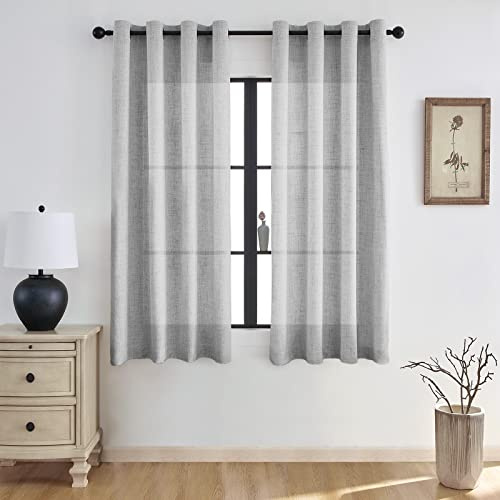 Melodieux Tende con occhielli, colore grigio, effetto lino, semi-libere, set da 2, 210 x 140 cm, tenda con occhielli, in lino, semitrasparente, Linen Curtains for Living Room