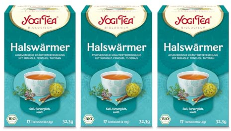 Yogi Tea - Halswärmer, Ayurvedischer Bio Gewürz- und Kräutertee, von Natur aus koffeinfrei, Mischung aus Süßholz, Fenchel und Thymian, Yogi Tee 3er Pack, 3x17 Beutel (51 Teebeutel insgesamt)
