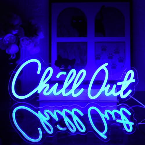 UExnkj-Y Chill Out Letrero de Neón,Señal de Neon Azul Carta Adecuado para estudio, Sala de juegos,fiesta, decoración de pared de bar luz de neon alimentado por USB con interruptor regulable