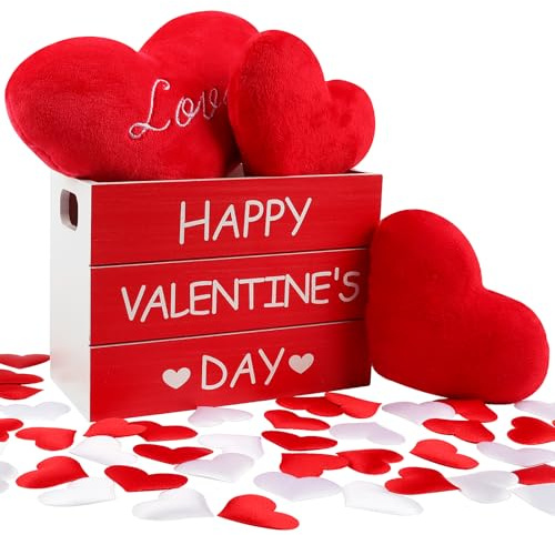 Wlicon Decoración de San Valentín de madera con 3 corazones de peluche y 50 corazones de tela, decoración de mesa para boda, cumpleaños, fiesta, decoración del hogar