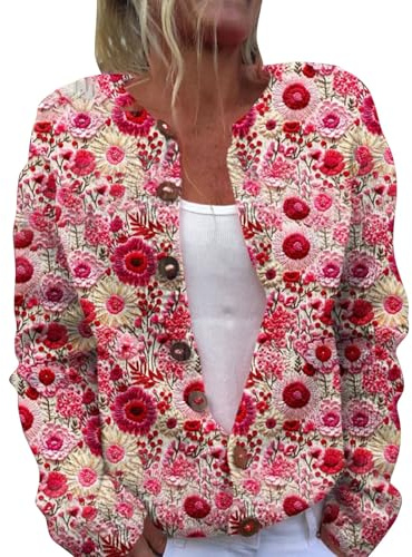 Chanpning Cardigan de Saint-Valentin pour Femme - Pull avec Motif cœur - Manches Longues - Haut tricoté Chaud - Grosse Maille - Boutonnière - Pull Court - Cardigan - Pull de Loisirs