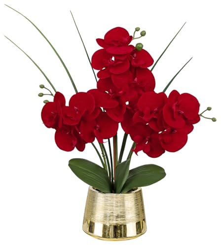 40 cm orkidé konstgjord röd, orkidéer i kruka silver, konstorkidéer, konstgjorda orkidéer växt med 14 blommor, konstgjord orkidé bonsai för bröllopsdekoration vardagsrum sovrum krukväxter