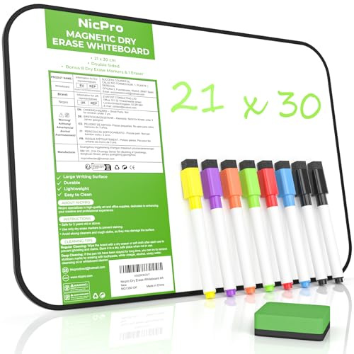 Nicpro Lavagna bianca cancellabile a secco, formato A4, con 8 pennarelli e 1 gomma, lavagna bianca magnetica su entrambi i lati con cornice nera, ideale per scrivere e disegnare per bambini, scuola