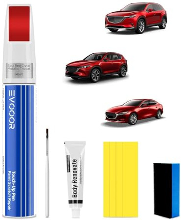 EVOOOR (46V Soul Red Crystal Métallisé Tricouche Kit de retouche peinture automobile 2-en-1 avec grattoir pour Mazda, Réparation de rayures pour auto, Solution rapide et facile pour la réparation