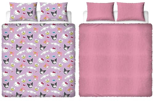 Set copripiumino matrimoniale ufficiale di Character World Hello Kitty, design Chill | Copripiumino reversibile in pile a due lati, prodotto ufficiale, con federe abbinate.