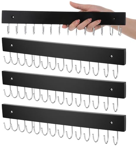 HOFURME 4 Pack Necklace Holder Wall Mount, Tangle-Free Wall Necklace Organizer with 14 Hooks, Wooden Jewelry Hanger, for Chains, Bracelets, Earrings, Black
