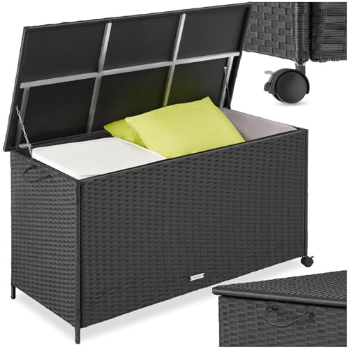 tectake® Box Contenitore da Esterno, 116 x 54 x 64 cm, 253 L, Mobile da Giardino con Intreccio in Polyrattan, Telaio in Alluminio, Coperchio Rinforzato, Pratica Maniglia, Rotelle Girevoli- Nero