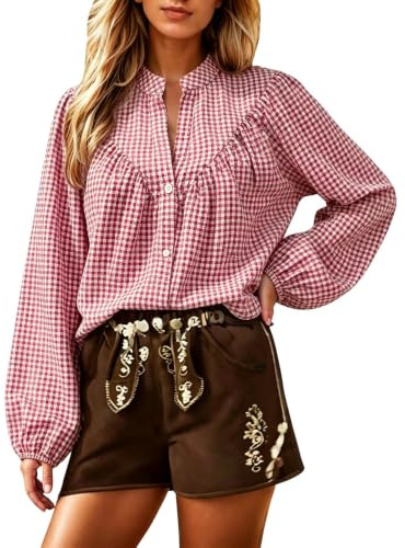 Medeltida långärmad blus med rutmönster, traditionell ölfestskjorta för kvinnor, klassisk damblus, bomull för folkfest