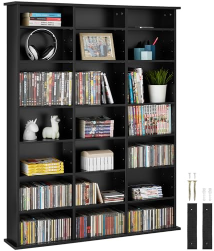 tectake® Scaffale Verticale per CD/DVD, 18 Ripiani Regolabili, Costruzione Stabile in MDF, Supporto Anticaduta, Bianco Opaco, 105,5 x 19 x 136,5 cm, Per Archivio Libri e Documenti - Nero