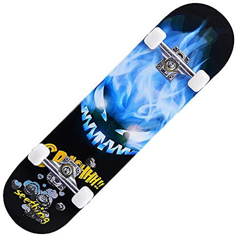 Skateboard Blau Schwarz Kinder und Erwachsene Komplettboard aus Ahornholz Kugellager Cruiser 31 x 8 Zoll für Anfänger Jugendliche