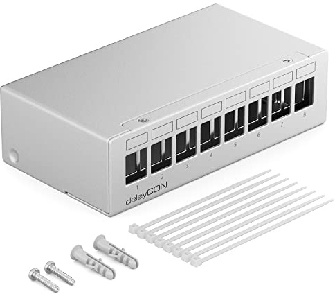deleyCON 8 Port Patchpanel House 1U för 14,9mm x 17mm Keystone-Moduler med t.ex. RJ45 Koaxialplugg BNC F-Plug Antennplugg RJ-11 RCA-Uttag USB Toslink PS2 HDMI - Grå | För Keystone Module, RJ45, koax, BNC, F-kontakt, antenn, RJ-11, RCA, Jacka, USB, Toslink, PS2, HDMI