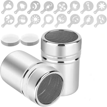 2 Pezzi Dosatore Cacao in Polvere Shaker con 16 Stampo per Cappuccino, Stencil Cappuccino Shaker in Acciaio Inossidabile per Biscotti Al Caffè Torte Cupcake Arte Decorazioni