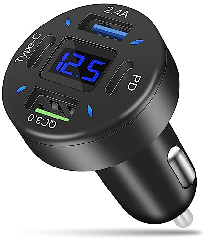 AXFEE Caricabatterie Auto USB 4 Porte, [USB A 2.4A&Type C& PD&QC3.0] Caricatore Accendisigari Caricatore Auto Universale con Ricarica Rapida per Voltmetro LED, iPhone, Android, Samsung,Tablet iPad
