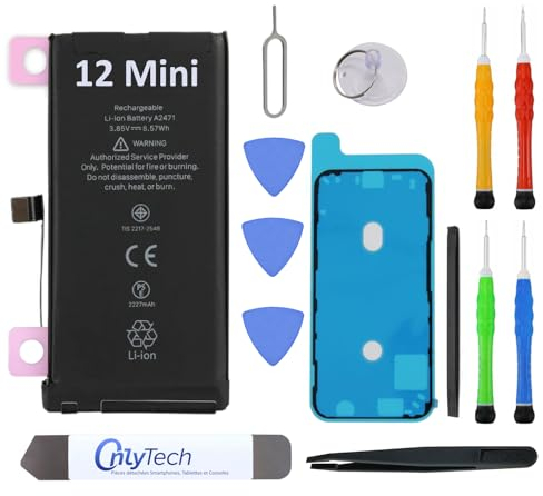 OnlyTech Batterie Premium de Remplacement pour iPhone 12 Mini - 2227mAh, Identique à l'Original, Kit 12 Outils Professionnels et adhésif écran Inclus