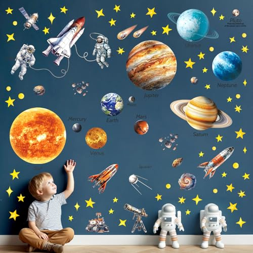 DECOWALL DS12-8077 solsystem planeter väggtatuering rymden väggdekal plats väggdekal väggdekoration för sovrum barnrum babyrum
