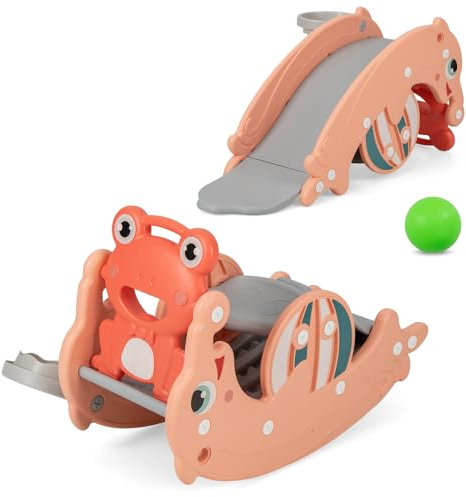COSTWAY Toddler Slide and Rocking Horse, 3-in-1 Baby Rocker Toy with Basketball Hoop, Foldable Kids Slide Climber for 18-36 Months (Pink)