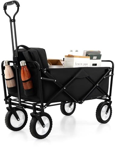 GOPLUS Handkärra vikbar handvagn med 360 graders vridbara hjul, justerbart handtag och mugghållare, 82 l/68 kg, hopfällbar strandvagn, hopfällbar vagn, stege vagn för strand, camping, shopping
