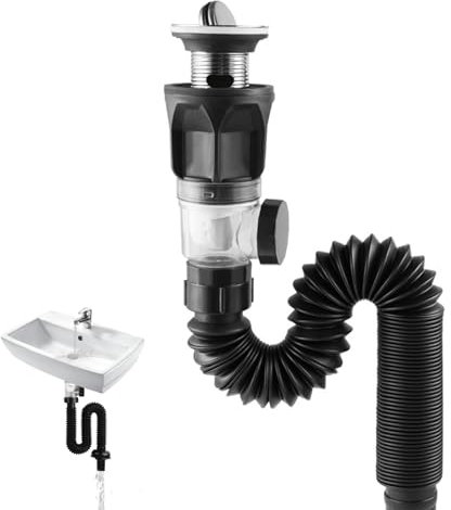 NAUXIU Stainless Steel Floor Drain Filter Washbasin Plug, Telescopic Anti-odour Drain Pipe, Drainage Sink Drain Connection Hose Double-head, Stainless Steel Washbasin Deodorant Drain Pipe Set