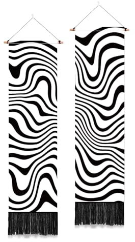 PLIGREAT 2 Pack Black and White Tapestry with Tassels Relief Tunnel Optical Illustration Wall Tapestry Vertical Spiral Optical Wall Hanging for Bedroom Living Room Dorm Room Narrow Wall Hanging