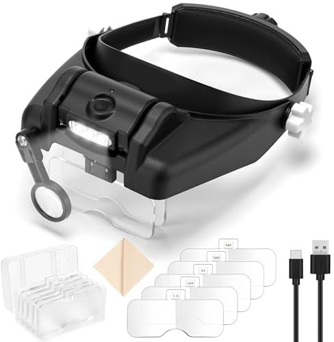 Exgoon Lupe mit Licht, 1- bis 14-fache Vergrößerung, Lupenbrille mit 6 abnehmbaren Linsen, freihändige wiederaufladbare Stirnbandlupe zum Modellbau, Lesen, Juweliere, Basteln (Schwarz)