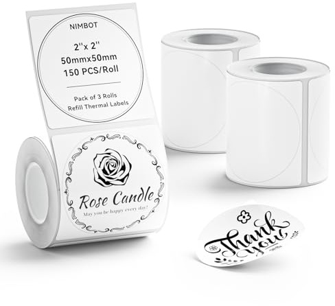 NIIMBOT Set di 3 rotoli di nastro per etichette per stampante per etichette B1/B21/B3S, 50 x 50 mm, nastro termico rotondo impermeabile per logo/regalo/codice a barre/barattoli da cucina (bianco)
