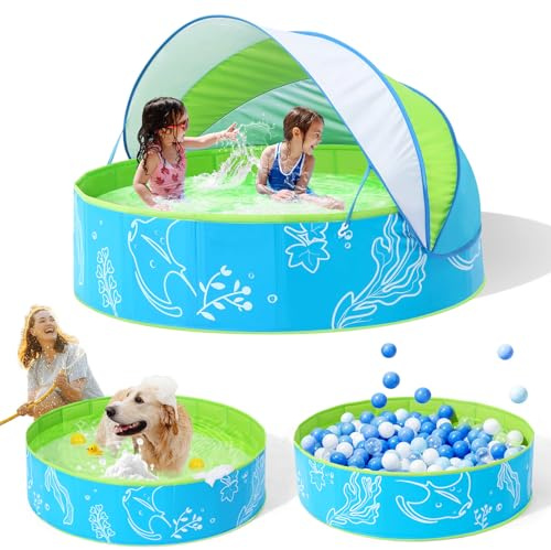 Hikiddy Foldable Kiddie Pool with Canopy: 31.5in/ 47in /63in for Baby Toddler Kids Family - Summer Water Play Pool with Shade - Portable for Outdoor Backyard Beach (Blue-Green, 47in)