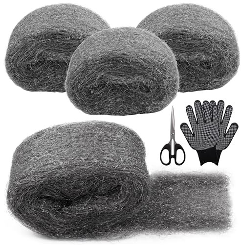 GXFCING Steel Wool, 4 Rolls Fine Wire Wool Mice Rats Blocker with Work Gloves and Scissors, 0000 Steel Wool for Cleaning, Polishing, Hole Filler Wall, Keeps Mice & Rodents Away (3m/ Roll)