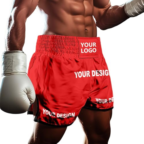 Short de Muay Thaï avec texte personnalisé pour boxe, MMA, BJJ, entraînement, combat, pour hommes, femmes, enfants, tissu léger anti-déchirure avec taille ajustable, Rouge, L