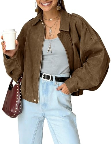 Kissonic Women's Oversized Jackets Faux Suede Bomber Jacket Lapel Pilot Cropped Casual Coat for Streetwear Outerwear(Brown-M)