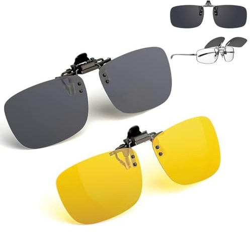 Garegce 2 Pack Clip on Sunglasses for Men Women, Polarised Flip up Clip-on Sunglasses Over Glasses Rimless Clear Vision Durable for Mens Driving Travel Outdoor Sport - Black & Yellow