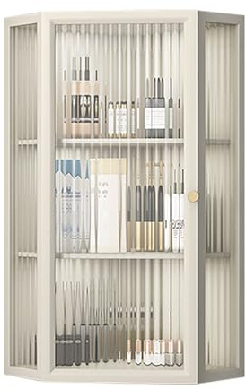 LIUJHGH Armadio angolare da parete con anta in vetro temperato, credenza sospesa salvaspazio per bagno, cucina, camera da letto, organizzatore moderno in metallo(Beige)