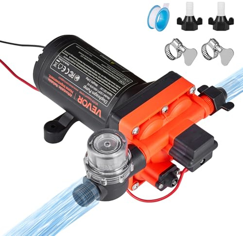 VEVOR Bomba de Diafragma, 12 V DC, 18,9 L/min, Autocebante, de 4 Cámaras con Presostato Automático y Presión de 4,8 Bar, para Autocaravanas, Caravanas, Barcos, Yates y Lavaderos de Coches, 192 W