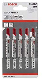 Bosch Professional 5x Hojas de sierra de calar T 102 BF Clean for PMMA (para Placas acrílicas de PMMA, accesorios Sierra de calar)