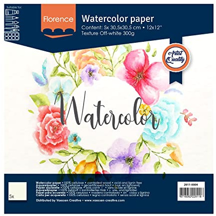 Vaessen Creative Florence Carta per acquerello Piazza Avorio, 300 g/mq, Qualità Belle Arti, Grana Grossa, 5 fogli per Pittura, Handlettering, Progetti Artistici e Altro Ancora