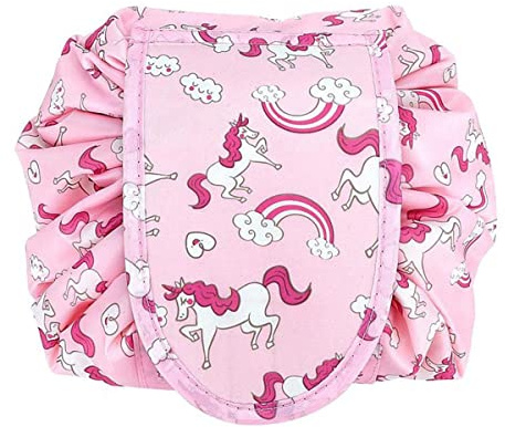 INTIRILIFE Kosmetiktasche in ROSA Weisse Pferde - 62 x 54 cm - Runder One Step Kulturbeutel mit Kordelzug zum Zusammenziehen mit 2 inneren Reißverschlussfächern zur Aufbewahrung von Make-Up etc.