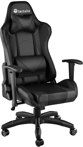 tectake® Gaming Stuhl, Bürostuhl ergonomisch, Computerstuhl mit hoher Rückenlehne, Gaming Sessel, PC Stuhl, inkl. Lordosenstütze und Nackenkissen, Racing Stil - schwarz