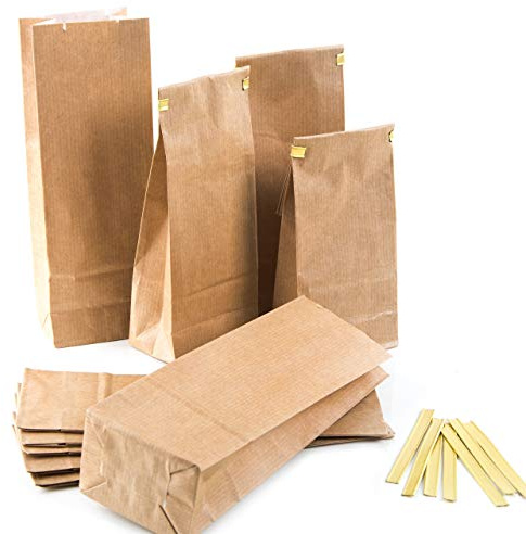 Små blockbottenpåsar brun, 10 st.: Kraftpapper tepåsar, presentförpackning för kryddor, kaffe, kex och hundkakor, papperspåse med förslutning, livsmedelssäker, 7 x 4 x 20,5 cm