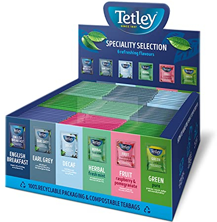 Tetley Specialty Variety Pack - 90 Enveloped Teabags in Six Unique Blends: English Breakfast, Earl Grey, Fresh Mint, Decaf, Green Tea & Raspberry Pomegranate - Great Gift Assortment