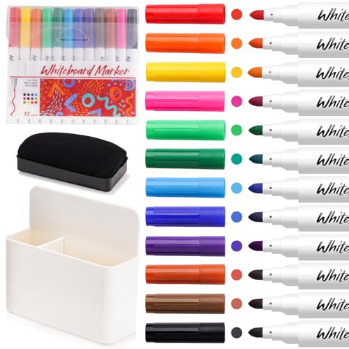 NiArt torr raderings markör, 12 färger fin spets whiteboard set med suddgummi och hållare