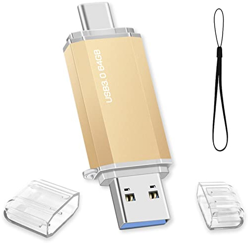 Clé USB C 64 GO, Clé USB 64Go 3.0 OTG Type C Flash Drive 2 en 1 Pen Drive Portable Clef USB Mémoire Stick pour Ordinateur Portable/PC/Voiture/Tablette/Smartphone/TV (Or)