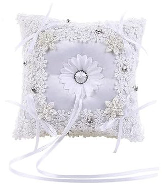 Hochzeit Ring Kissen, Strasssteinchen Heirat Paar Ring Halter Spitze Blumen Ehering Kissen mit Krawatte Satinband Eheringe Brautkissen Hochzeit Accessoires für die Zeremonie der Strandhochzeitsfeier