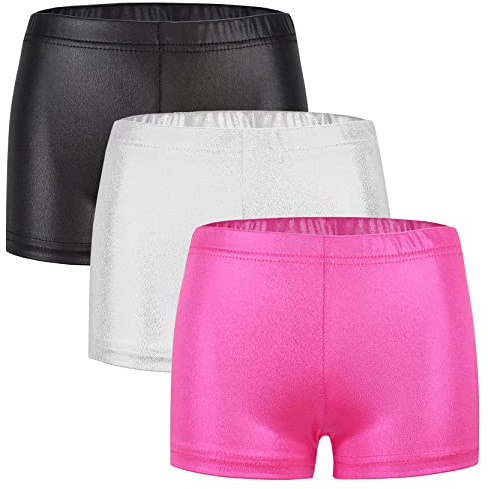 SEAUR Short Gymnastique Métallique pour Fille Caleçon de Danse Ballet Enfant Verni Brillant Leggings Court de Yoga Gym Patinage Sportwear Noir+Argent+Rose Rouge - 9-10 Ans