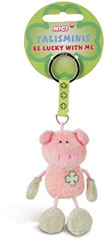 NICI 49382 Talisminis Pig Key Ring 7 cm Pink/Green Cuddly Toy Pendant with Key Ring for Lanyard, Keychain & Key Holder Lucky Charm Bag Pendant with Message