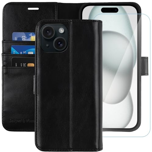 MONASAY for iPhone 15 5G Wallet Case,[Glass Screen Protector Included] [RFID Blocking] Flip Folio Leather Cell Phone Cover with Credit Card Holder case, 6.1-inch, Black