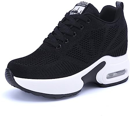 JAOOUU Baskets Compensées pour Femmes Chaussure de Sport Baskets à Talons Inclinés Mode Chaussures de Course de Voyage Décontracté Augmentation Invisible de Talon 8cm(Noir,41EU)