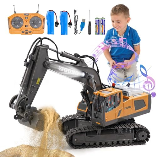 Daioller Giocattoli per bambini a distanza,Ricaricabile RC Pellatrice con pala in metallo,Veicoli da costruzione,Escavatore Rotazione 680,Giocattolo Digger per 100Mins/Suoni/Luce