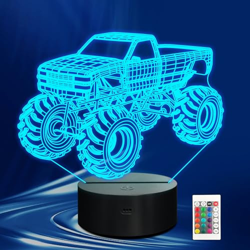 CoolGift Mart Monster Trucks Night Light for Boys, 3D LED Optical Illusion Lamp with Remote Control and Timer, Perfect Christmas and Birthday Gift Idea for Boys, Kids, and Teens